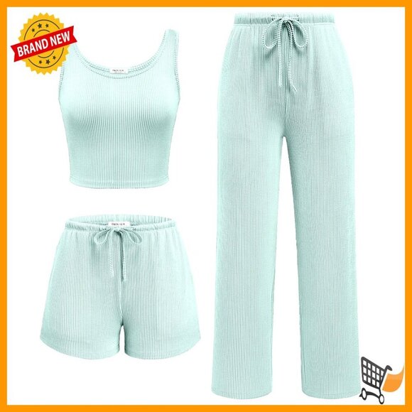 Other - Soft Twisted Rib Knit Lounge Set 3 Piece Tank Shorts Pants Pocket